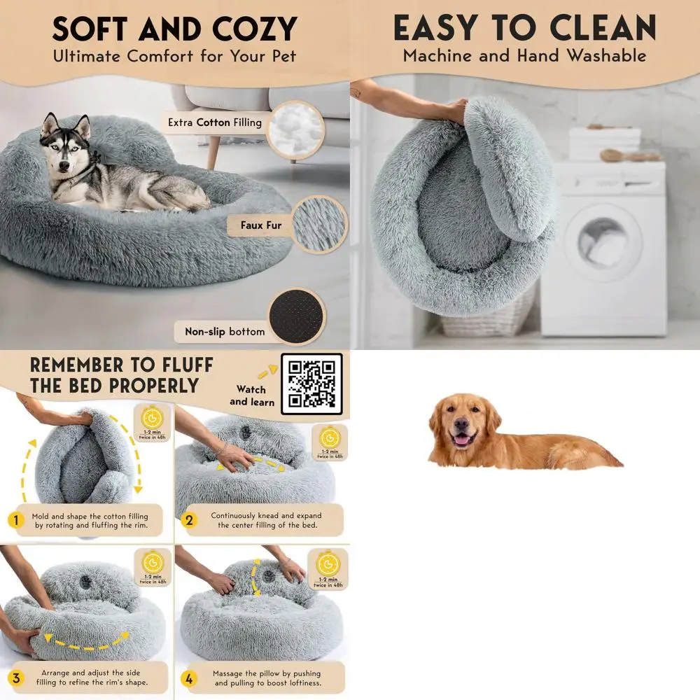 

Large Round Dog Bed - 36 Calming, Anti-Slip, Washable Donut Bed for Dogs up to 80 lbs, Grey