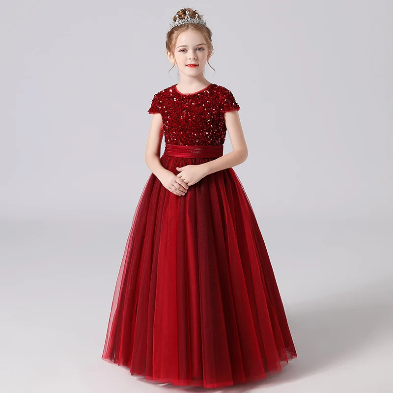 Flower Girl Wedding Party Dresses New Red Princess Dress Long Birthday Gowns Sequined Gown Round Neck Beauty Prom Customized