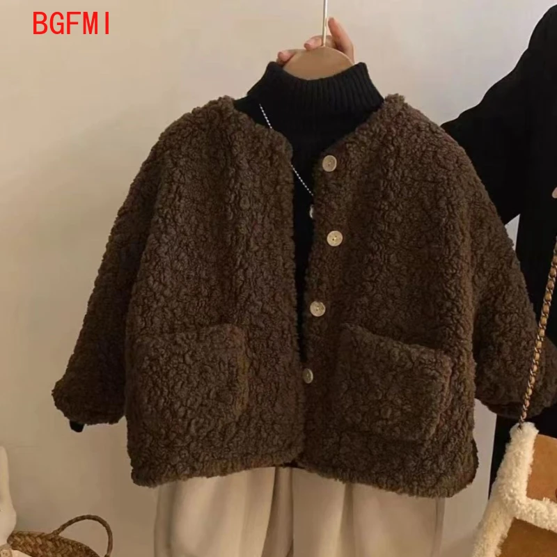 Boys Girls Round Neck Fur Coat for Autumn and Winter Korean Thick Warm Top for Children Winter Coffee Fake Lamb Fur Coat 1-9Yrs