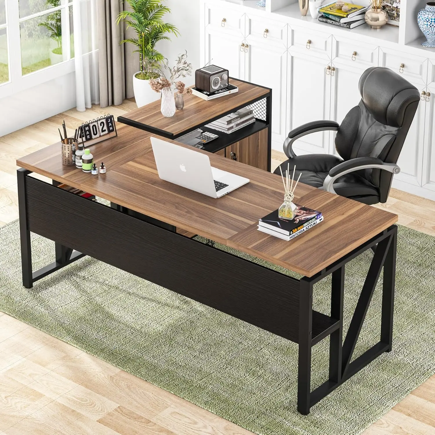 

63" L Shaped Desk with Drawer Cabinet, Executive Computer Desk and lateral File Cabinet
