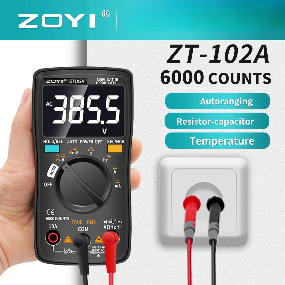 ZOYI ZT102/102A Digital Multimeter 6000 Counts Electrical Meter Transistor Tester Auto Rang AC/DC Voltage Process Calibrator