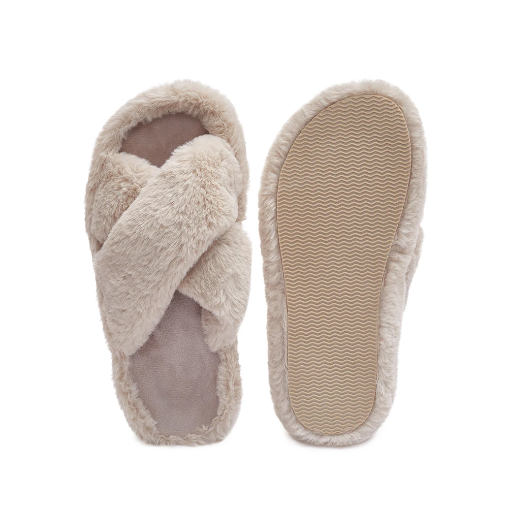 Winter Women Home Indoor Grey Casual Slippers Female Fluffy Shoes Cross Design Slides Ladies Soft Warm Plush Slipper