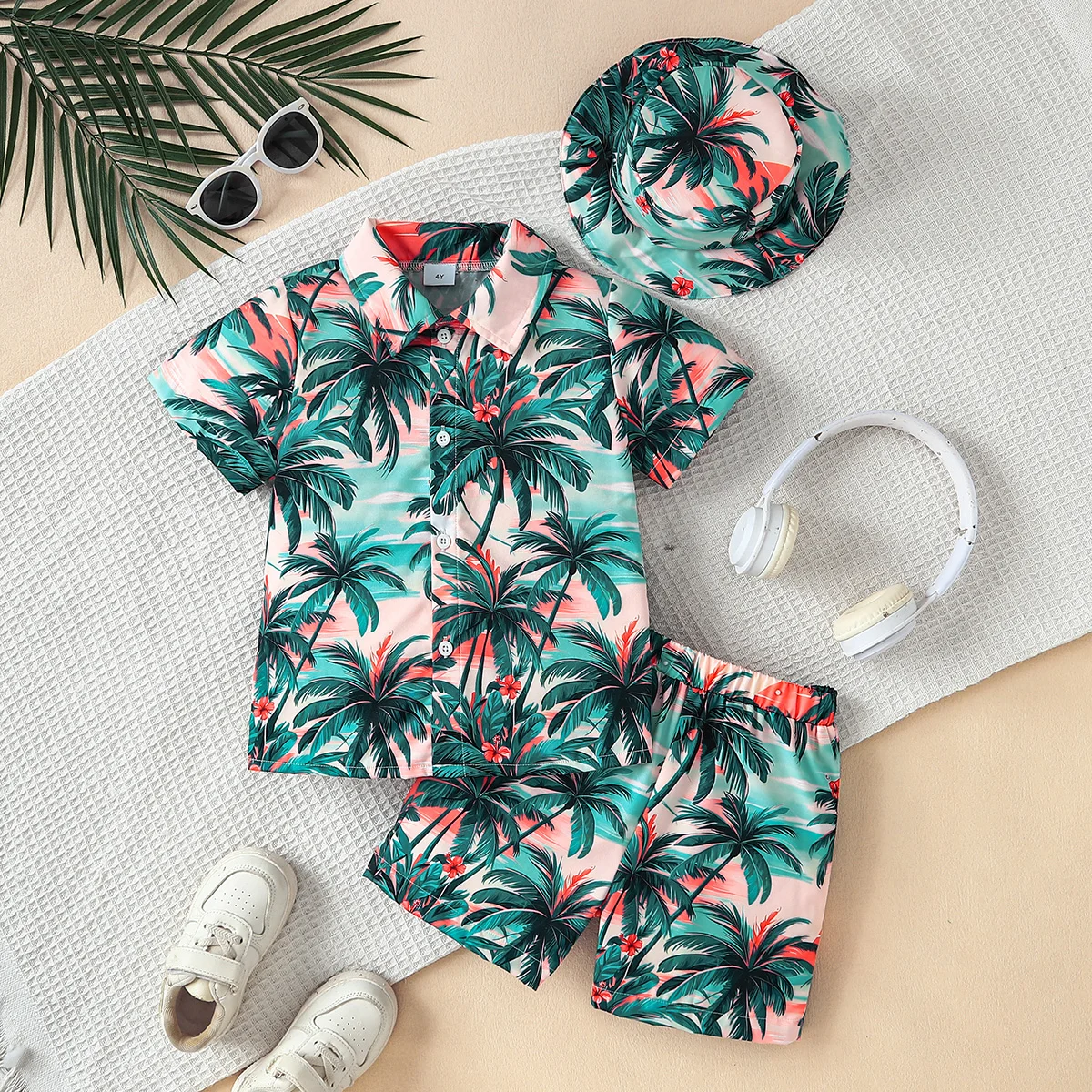 3pcs Summer Toddler Boys Hawaiian Outfit Set, Sunset Palm Tree Floral Print Short Sleeve Shirt + Elastic Shorts + Bucket Hat,