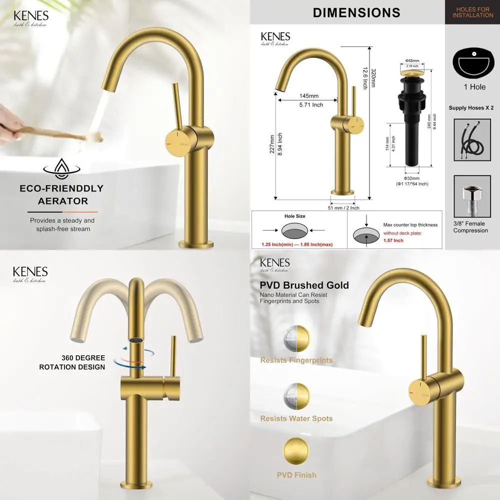 

Modern Single Handle Vessel Sink Faucet with Pop-Up Drain and Supply Lines, Brushed Gold Tall Bathroom Vanity Fixture