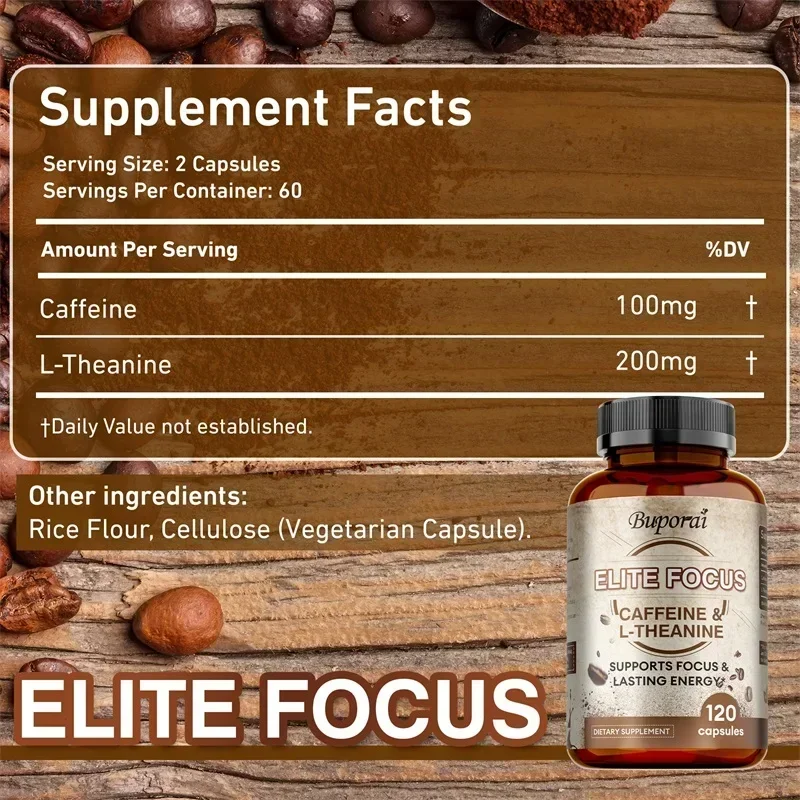 Elite Caffeine with L-Theanine Supplements - For Brain Health, Reduce Fatigue, Provides Energy and Endurance, Enhance cognitive
