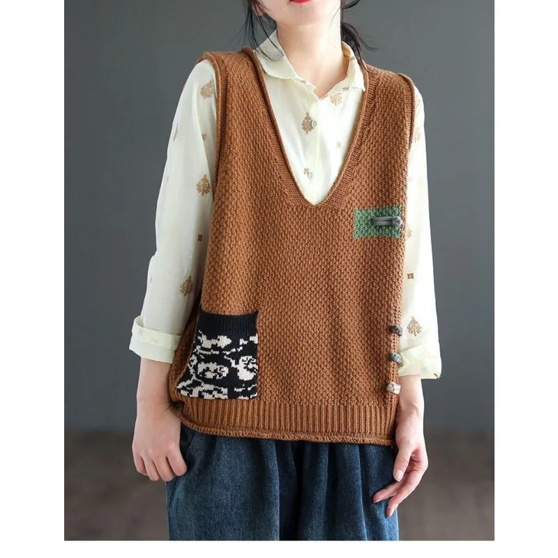 Autumn Winter New Style Literary Retro V-neck Ethnic Style Disc Knitted Vest Loose Slimming Versatile Top For Women