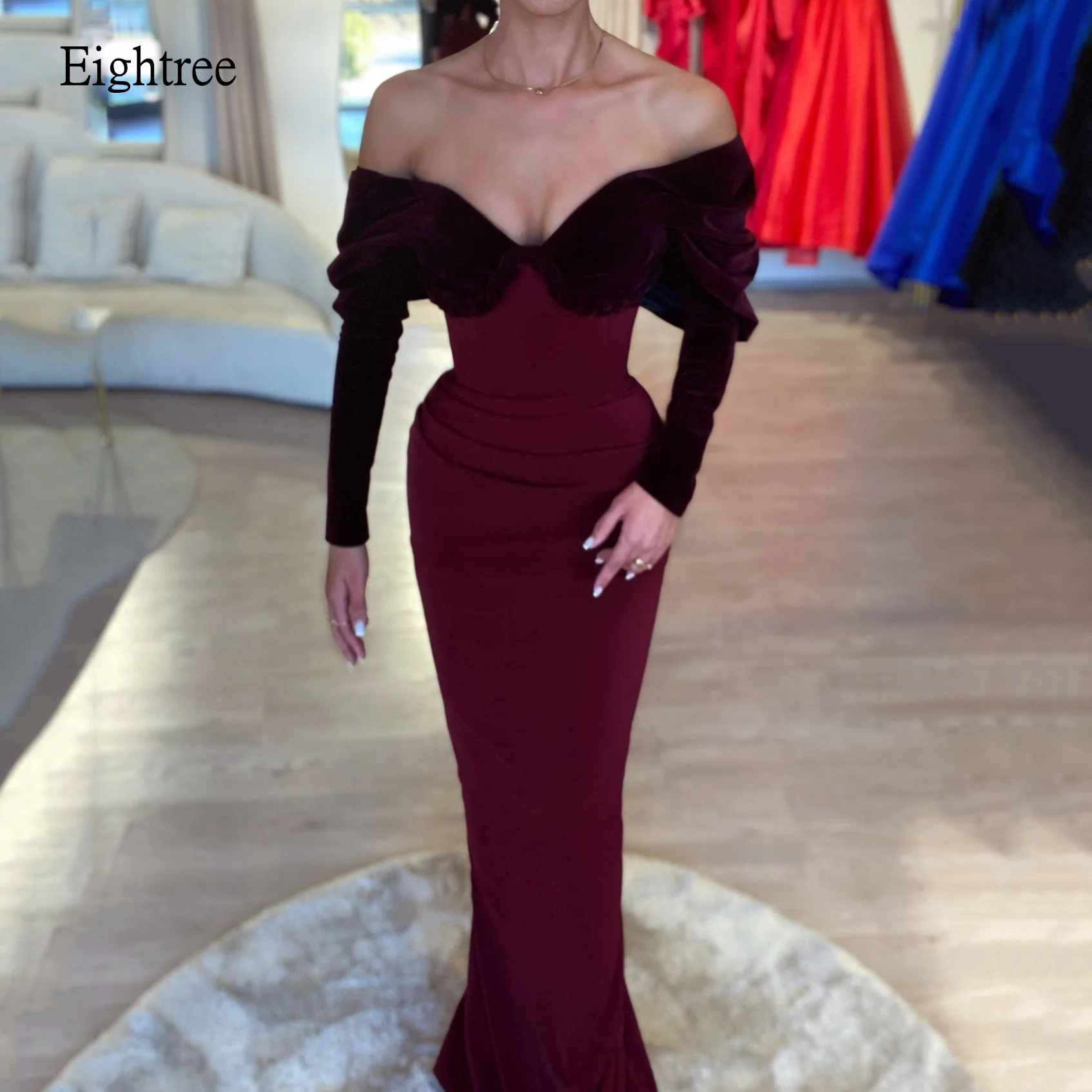 

Eightree Red Mermaid Prom Gowns Off The Shoulder Full Sleeves Formal Party Gown Long Evening Dress vestidos de fiesta Customized