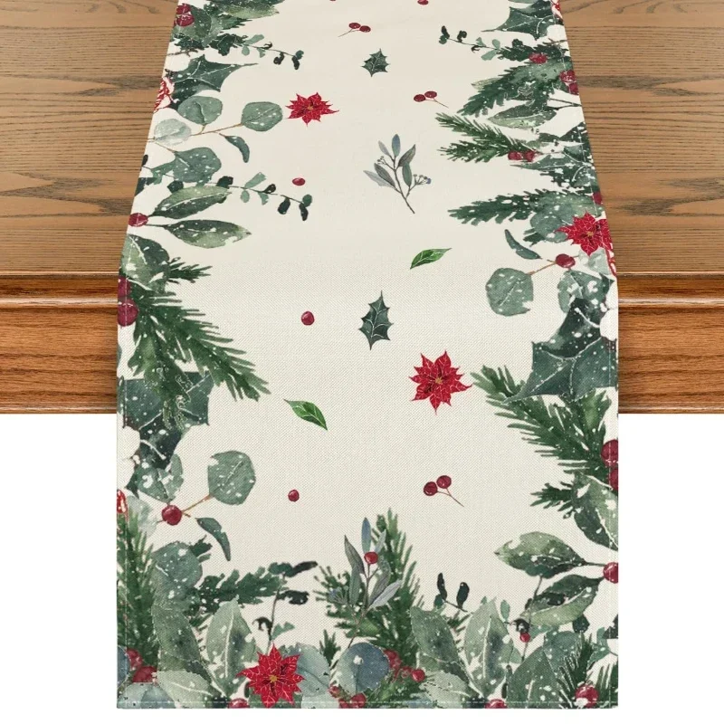 Dresser Scarf Linen Minimalist Christmas Holly Leaf Poinsettia Floral Countryside Kitchen Dinner Cover