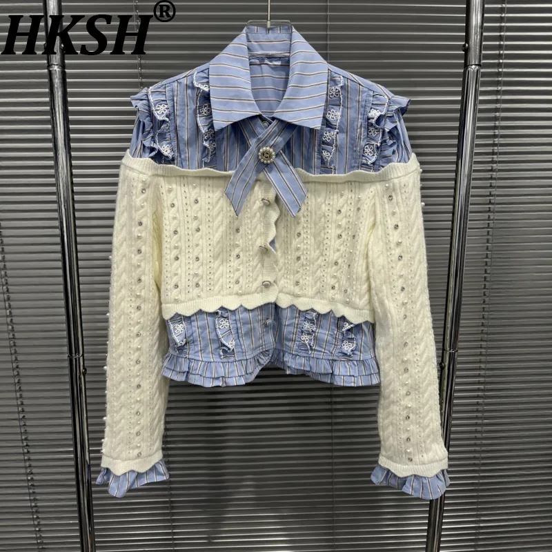 

HKSH 2025 Autumn Winter New Women Shirt Turn-down Collar Ruffled Patchwork Knitted Long Sleeve Beaded Diamonds Sweet Top HK15648