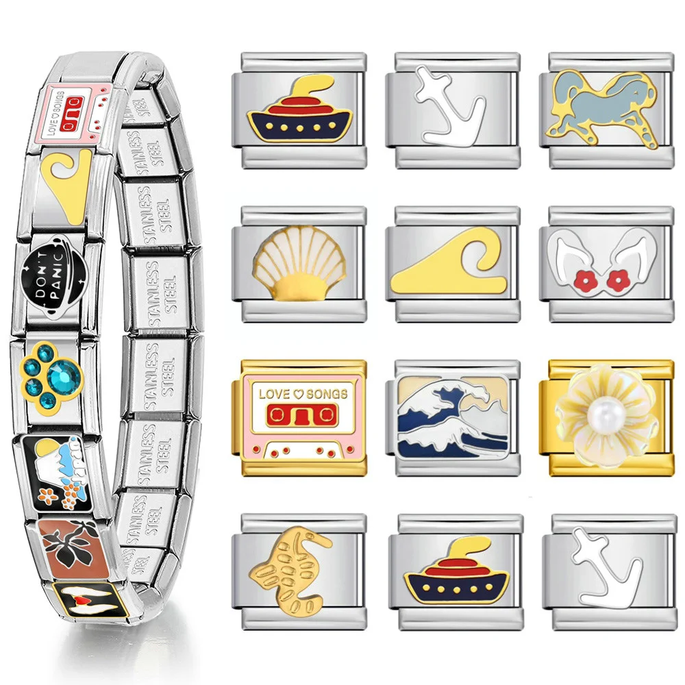 Y2K Trendy Charm Retro Love Songs Schreibmaschine Geste Schiff Engel Italienische Link Fit 9mm Edelstahl Armband Herstellung DIY Schmuck – Detail 1