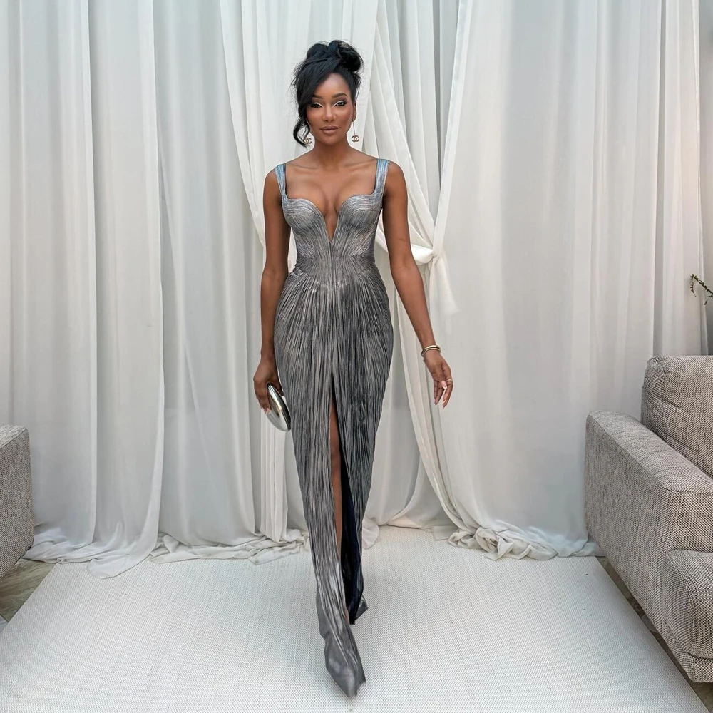 

Индивидуальное металлическое вечернее платье на тонких бретелях с разрезом спереди, плиссированное, серебристое, длинное, для гостей на свадьбу и выпускной вечер