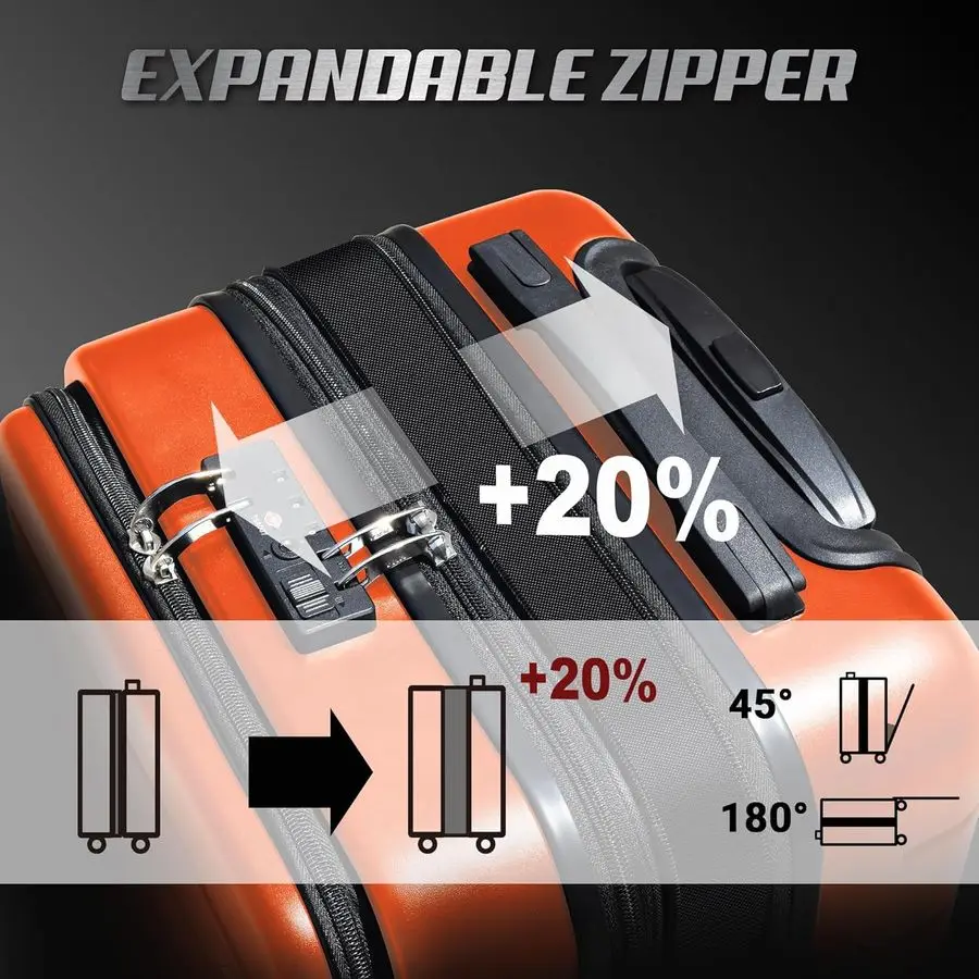 20インチ 機内持ち込み可能、軽量ハードサイドスーツケース、拡張可能な小型スーツケース、フロントポケット付き、オレンジ