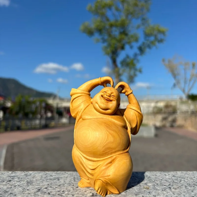 

Статуя Будды Майтрейи из самшита ручной работы - деревянная скульптура 3,9 дюйма, домашний декор, фигурка удачи, резьба по дереву, жизнь