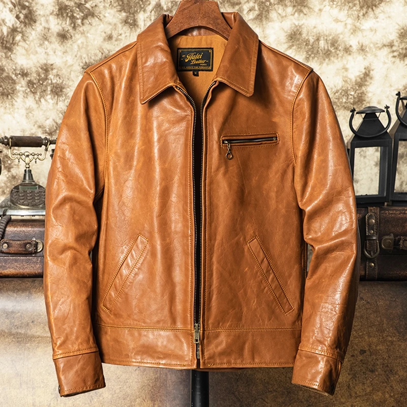 

Orange Autumn Leather Jacket Men Retro Style Plus Size 4XL Genuine Natural Cowhide Turn-down Collar Casual Leather Coat