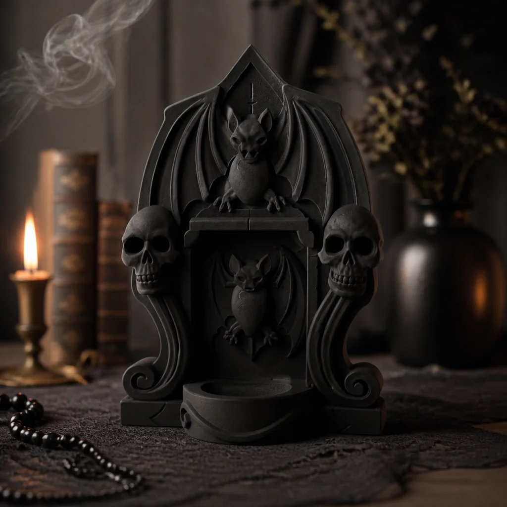 Gothic Bat Skull Candle Holder Statue, 3D Printed Black Resin Gothic Shrine Tealight Holder, Dark Altar Tabletop Halloween Decor