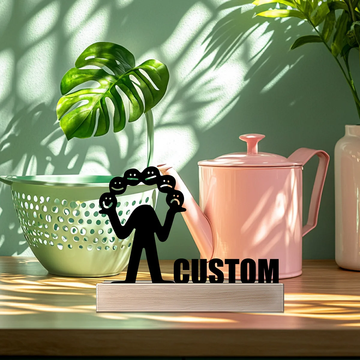 1pc Simple face Custom Name Metal Statue Metal Ornament With Wood Base Tin Sculpture Art Crafts With Wood Base