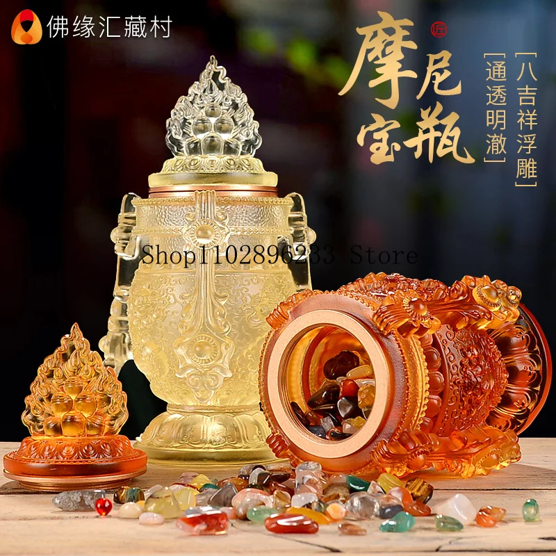 Crystal Treasure Vial A lapis lazuli vase is offered before the Buddha statue Tibetan Buddhist ritual items: Guanyin water purif