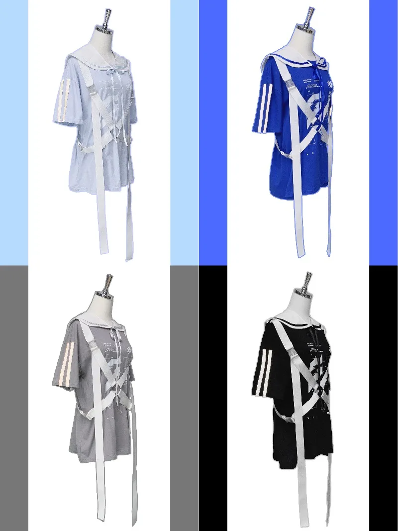 일본 마이네 시리즈 기계 회로 3색 탑 티셔츠 세일러 칼라 가짜 칼라 순면 타이 반팔 탑 티셔츠