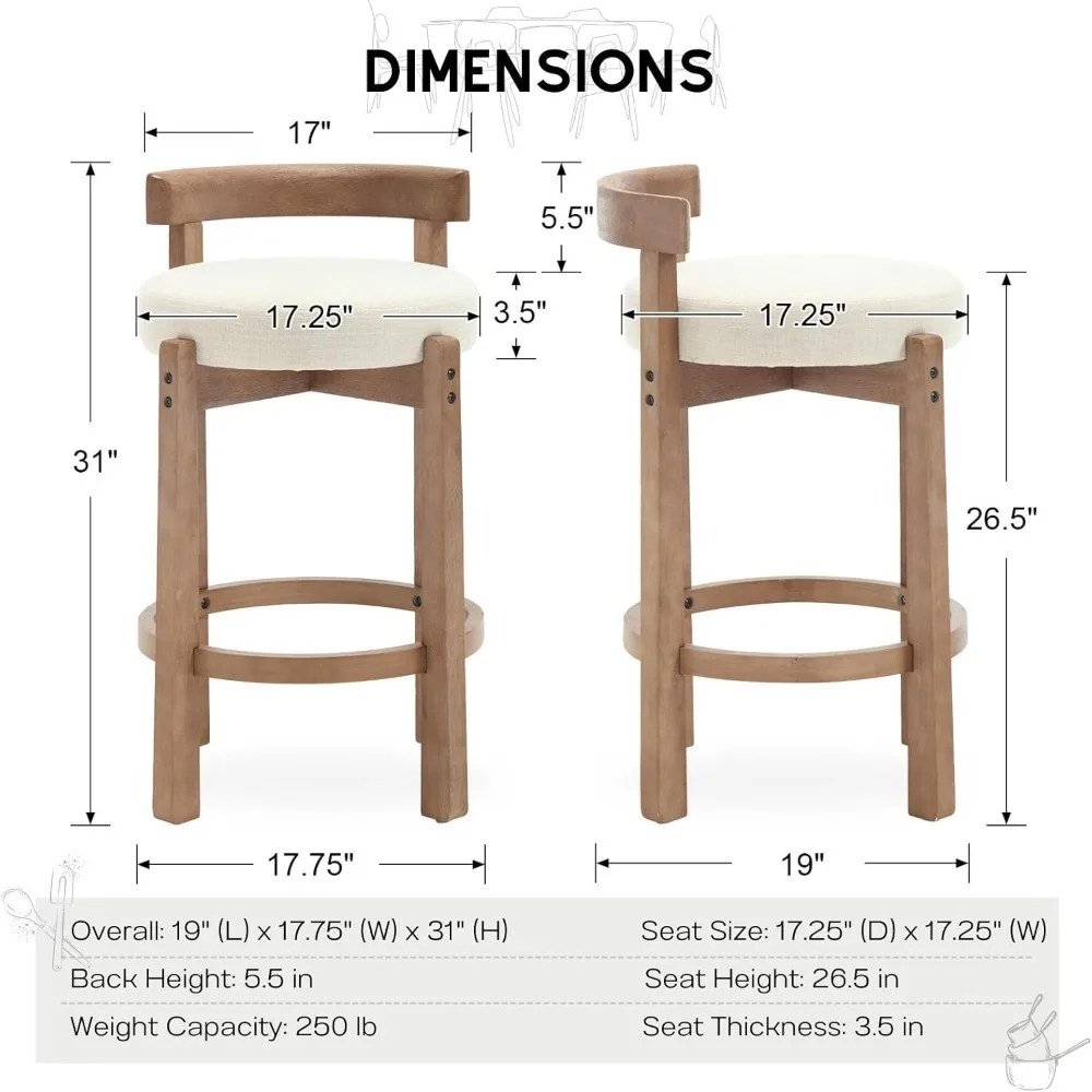 Mid Century Modern Bar Stools Set of 2, 26.5