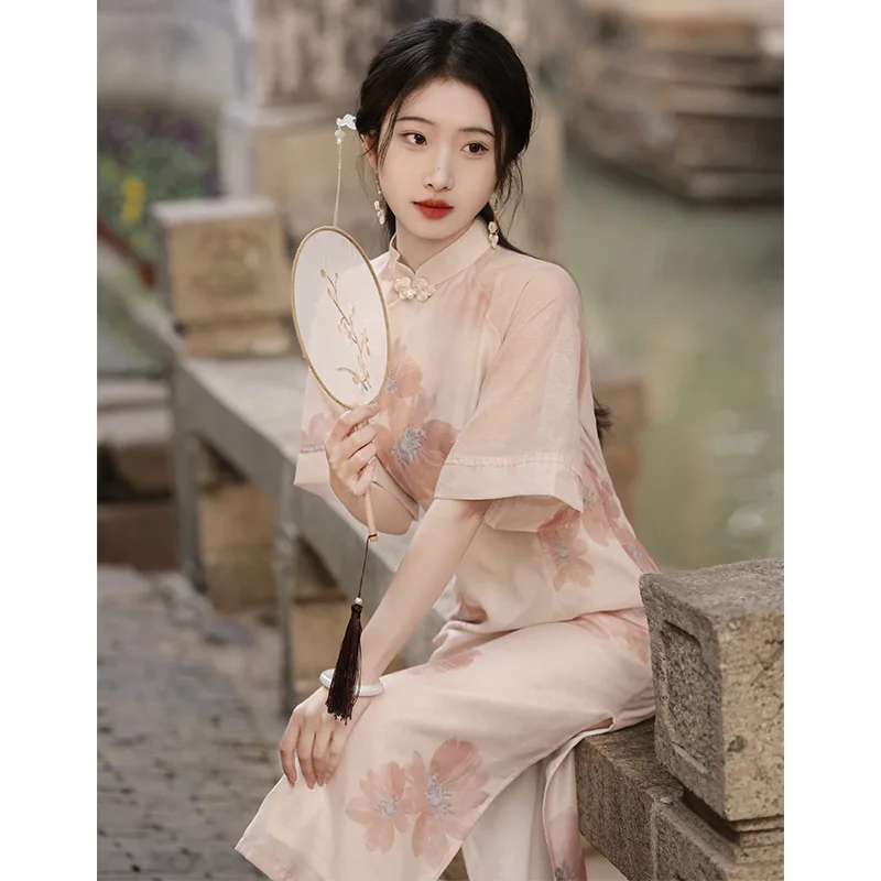Spring Summer Female Long Qipao Elegant Retro Green Chiffon Cheongsam Classic Mandarin Collar Chinese Dress Sexy Split Vestidos