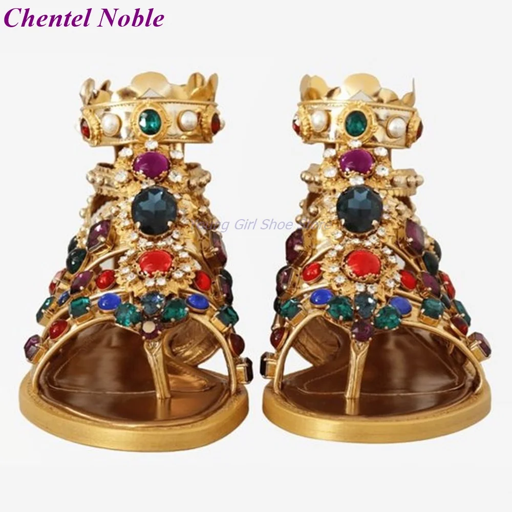 Colorful Crystal Gladiator Sandals Round Toe Open Flat Shoes Newest Summer Sexy Gold Women Shoes Party Catwalk Shoes