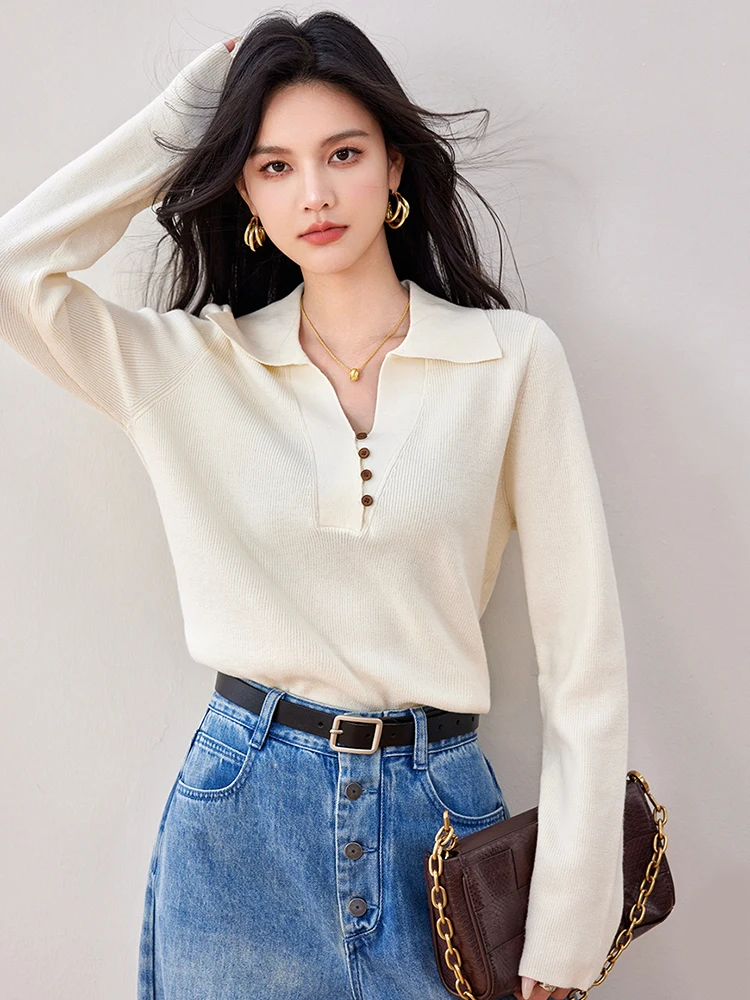 2024 Women\'s Autumn Winter Knitted Pullover Temperament Solid Color Long Sleeve Sweater Casual Lapel Knitted Tops