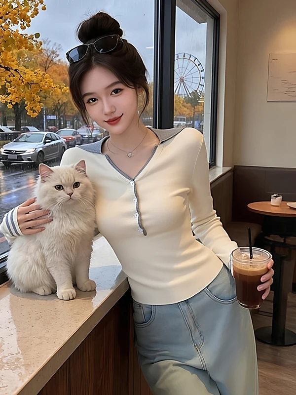 

Spring New Sle Women's Slim Fit Knitted Long Sve irt Collar Button up Base Layer Top Age Reduction Trendy Faion