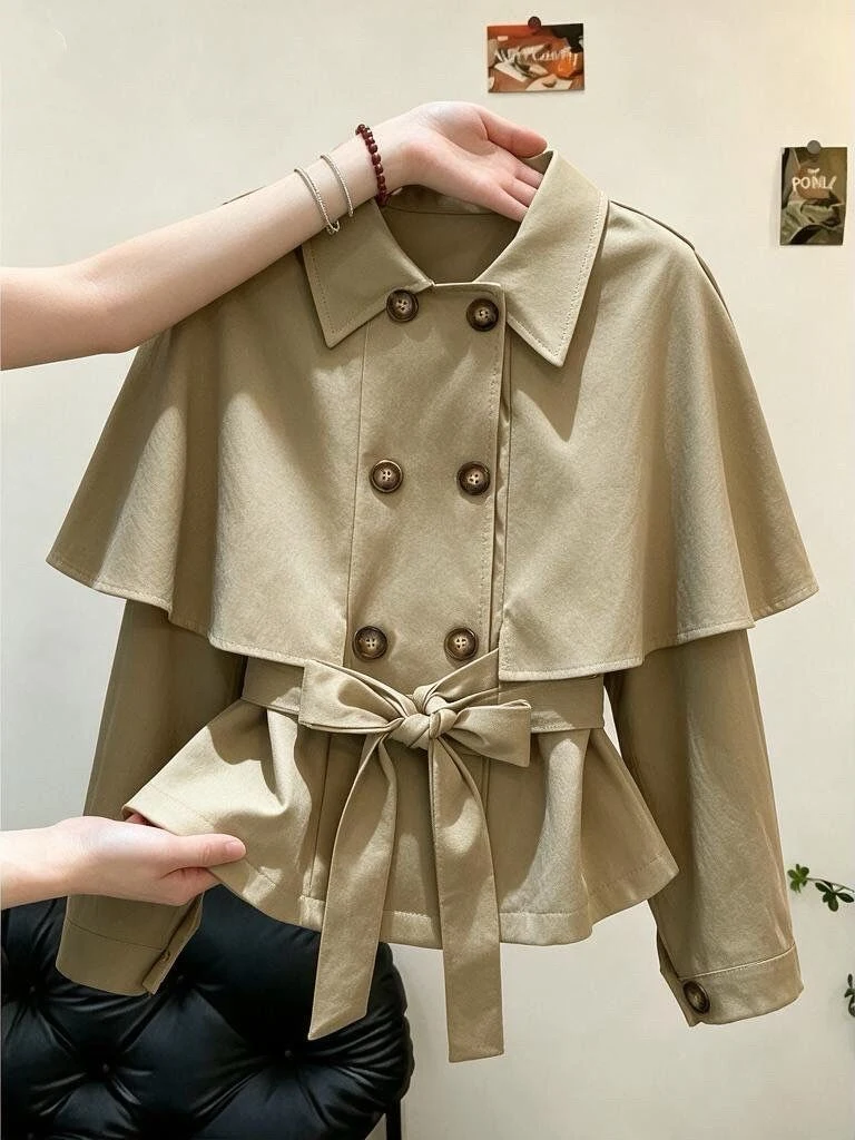 Women's Short Coat Jacket Double-Breasted Waist-Cinching Windbreaker Commute Outerwear Shirt American Style Fashionable