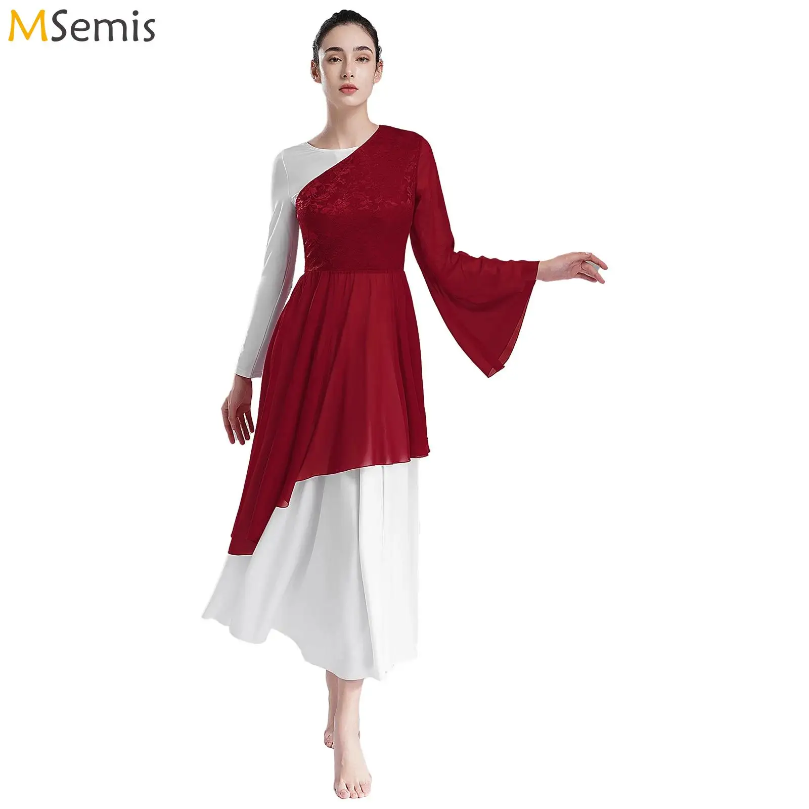 

Women Church Choir Worship Dress Liturgical Praise Lyrical Dance Performance Dancewear Flared Sleeve Lace Ballet Dance Costume