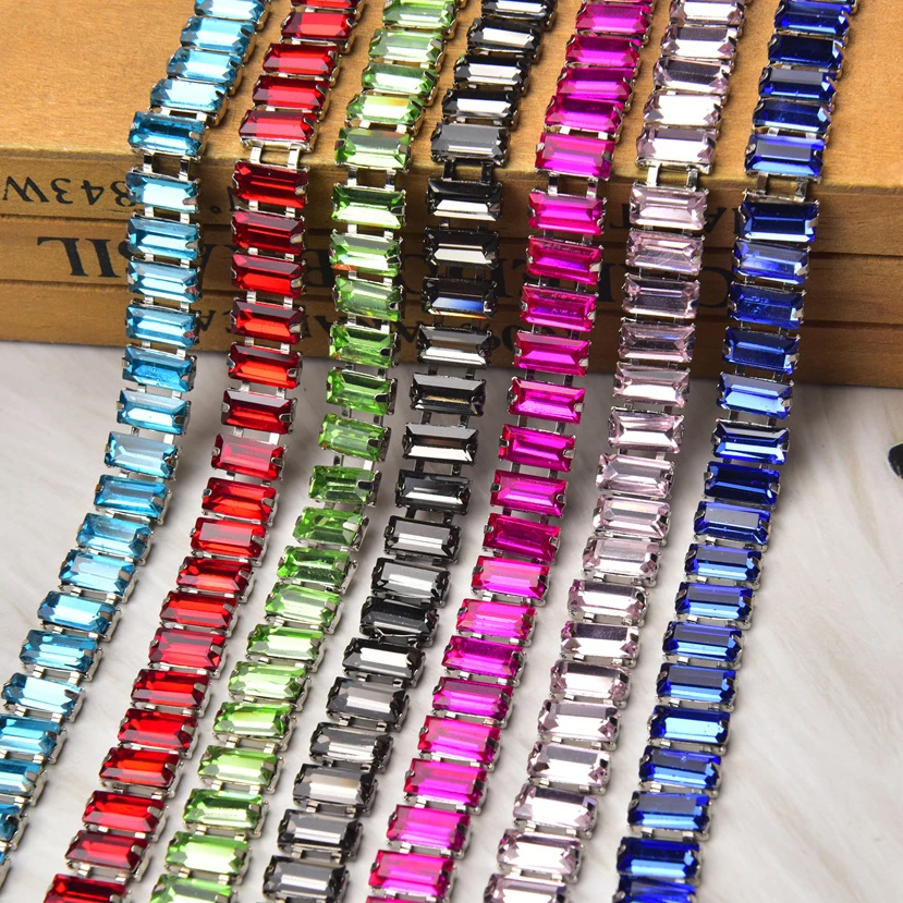 

1 Yard Multicolor 5*10mm Rectangle Glass Rhinestone Chain Sew on Crystal Trim Ribbon Applique Diy Wedding Dress Shoes Decoration