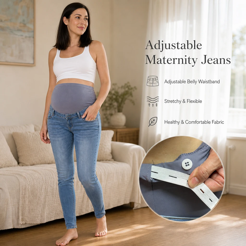Maternity Skinny Jeans with Adjustable Button Elastic Waistband Stretch Denim Slim Fit Casual Trousers Classic Pocket