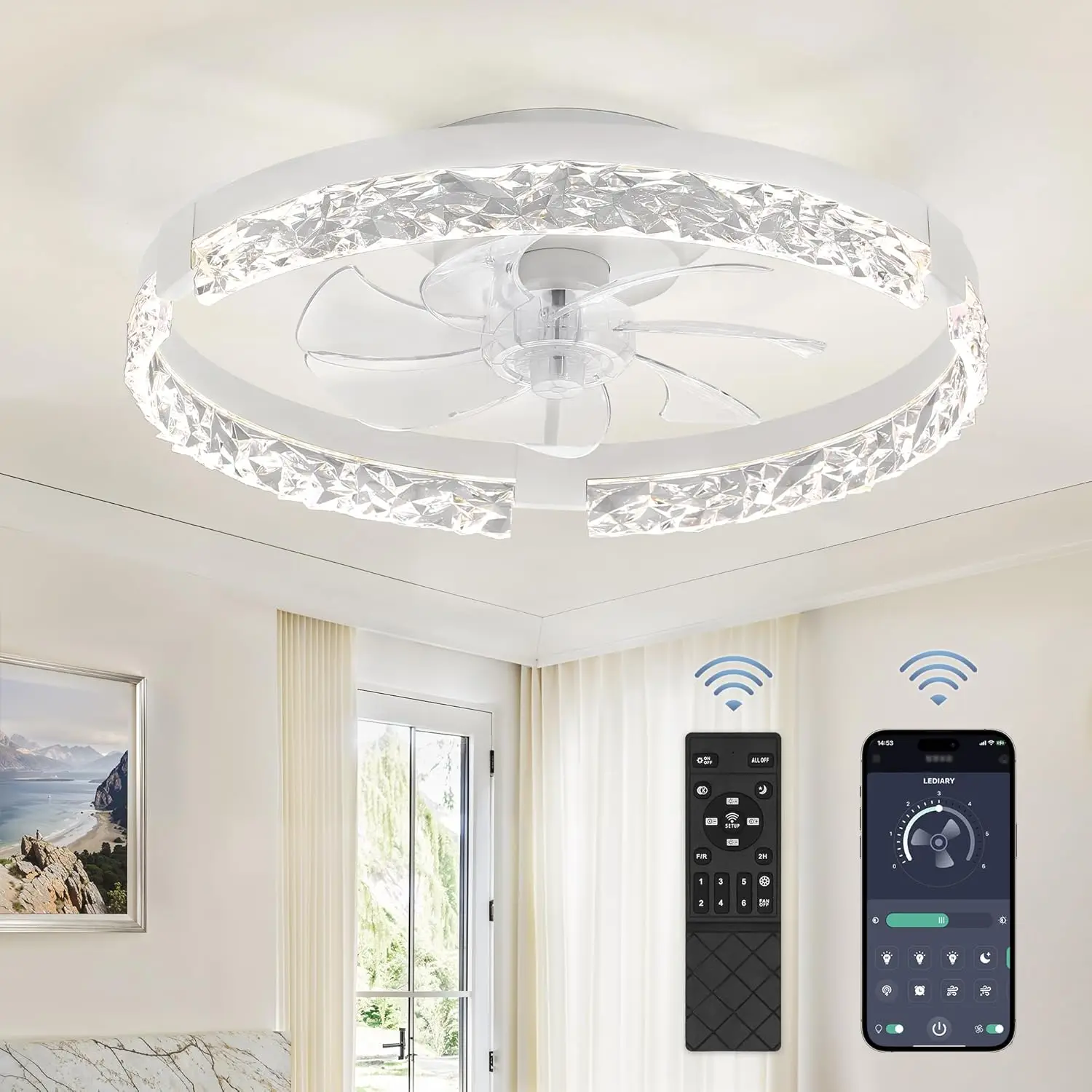 

20 Inch Low Profile Ceiling Fan with Remote & Dimmable LED Light, White Modern Flush Mount Fan for Bedroom