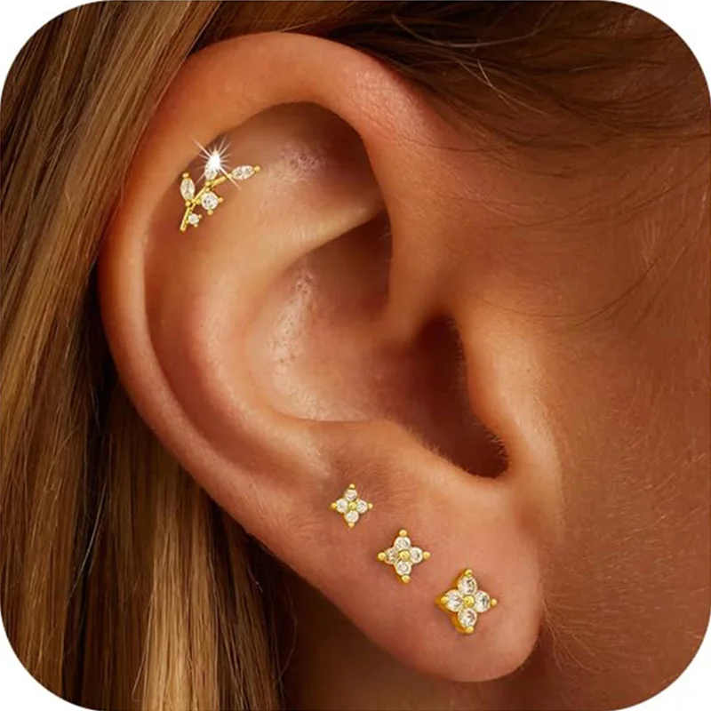 14K Gold Plated Stud Earrings for Women Trendy Hypoallergenic 925 Sterling Silver Post Cartilage Tragus Earring Set for Multiple