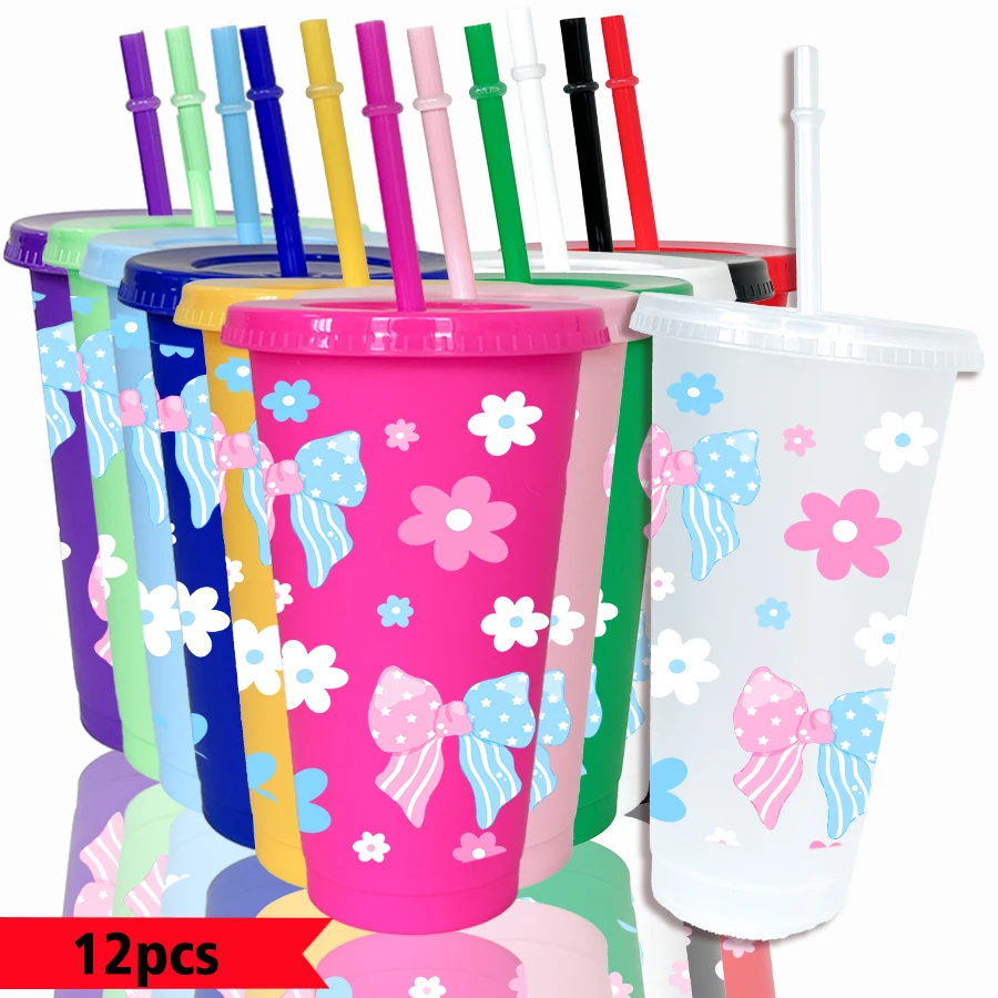 12個入り-パック-リボン-花-星柄-26オンス-カラフルプラスチック製パーティーコールドカップ-新学期-誕生日プレゼント用