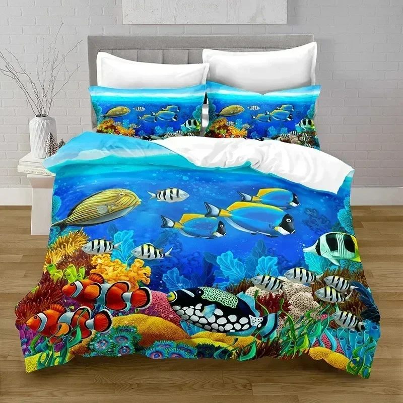 New Cartoon Ocean Fish Duvet Cover Marine Theme Bedding Set Twin Decor Microfiber Sea Underwater World Comforter Cover