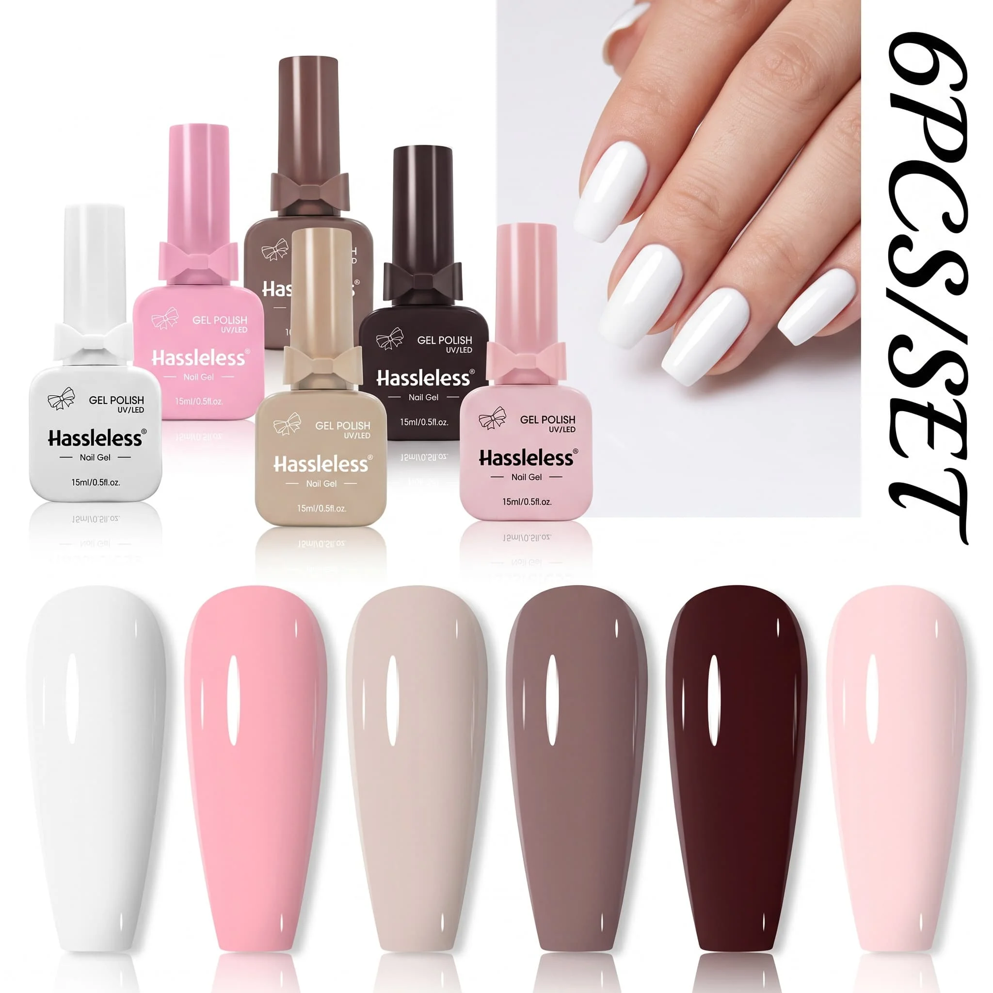 Hassleless 6-piece nail polish set, 15ml large bottles, removable, provides even and full color coverage, long-lasting color lock that is not easy to peel off, salon-quality, suitable for beginners and professionals