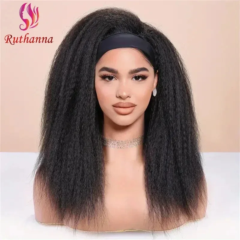 

Afro Yaki Straight Headband Synthetic Wig For Women Natural Black Fluffy Lce Silk Headband Heat Resistant Fiber Wig Daily Use