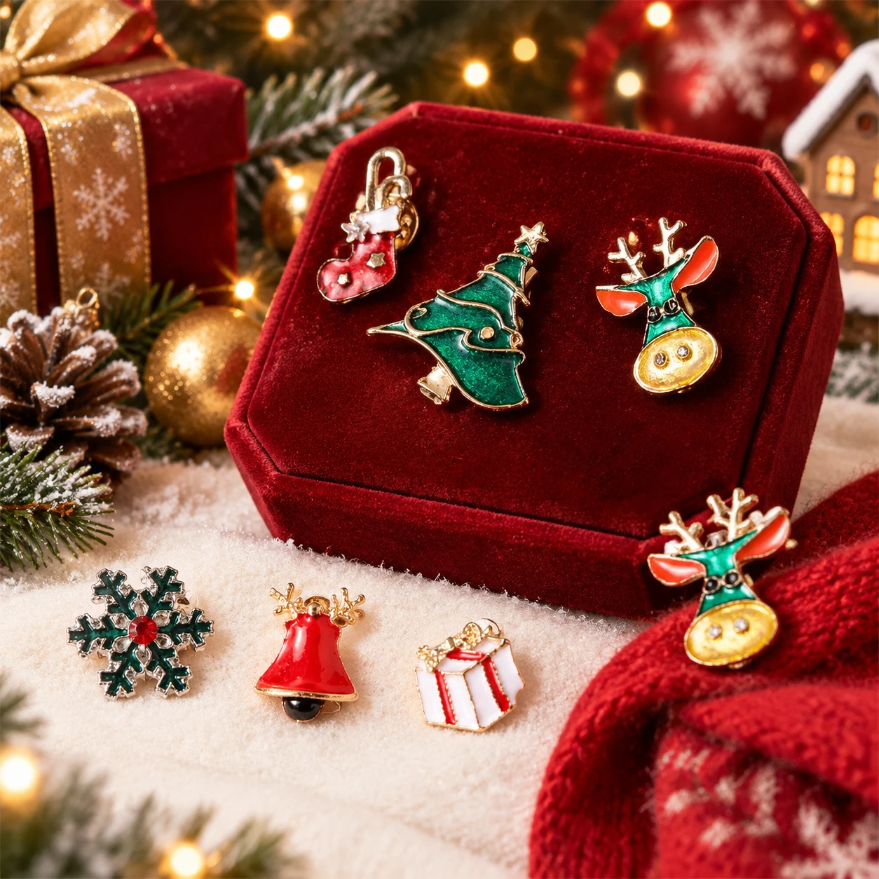 Christmas Brooch Set Enamel Santa Reindeer Tree Snowflake Bell Pin Badge Xmas Jewelry Gift Party Clothes Decoration