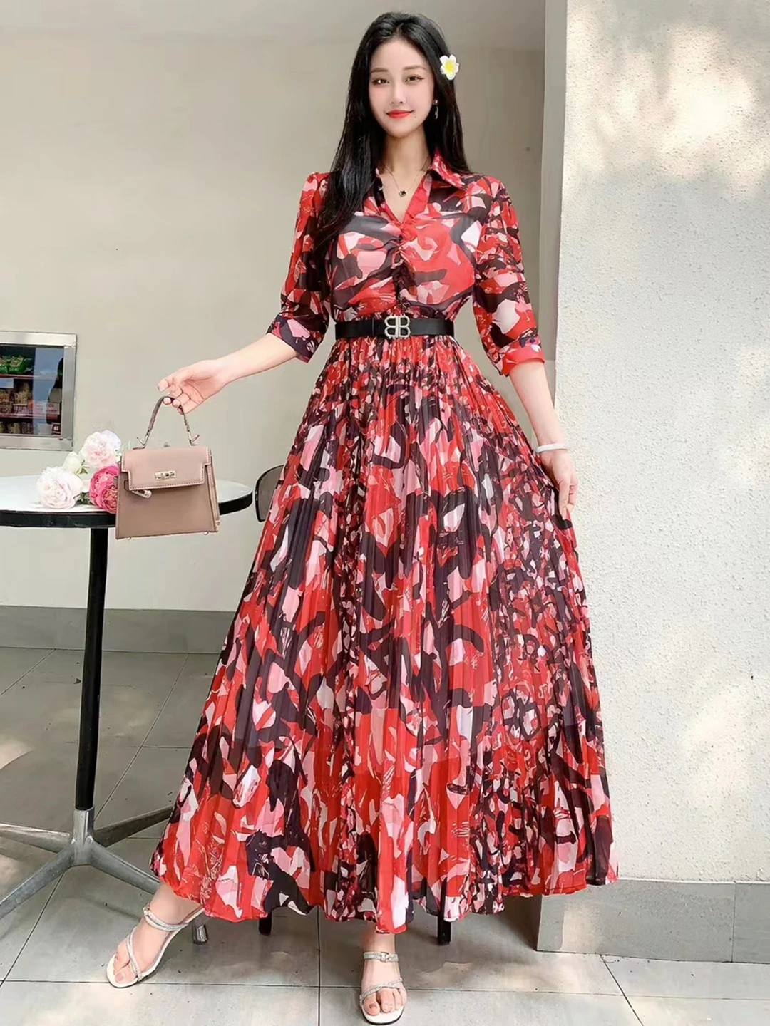 2024 New Spring Summer V-Neck Women Half Sleeve Belt Slim Long Dress High Quality Elegant Pleated Big Hem Vintage Floral Dress