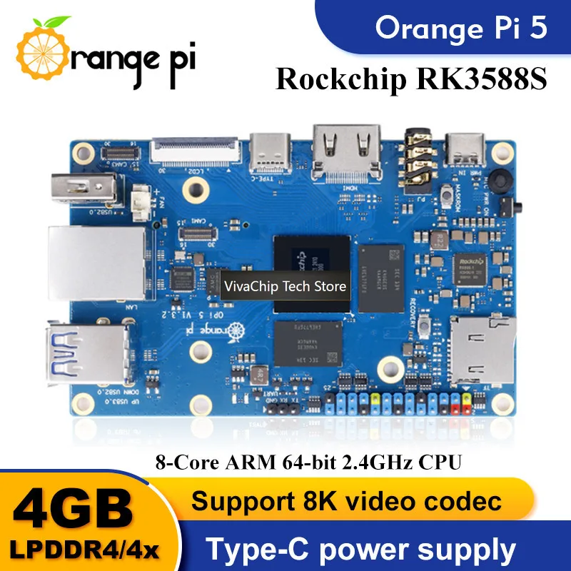VivaChip TechOrange Pi 5 Single Board Computer 4GB RAM RK3588S PCIE Module Externel Wifi6+BT5 SSD Orange Pi5 Demo Board Run Andr
