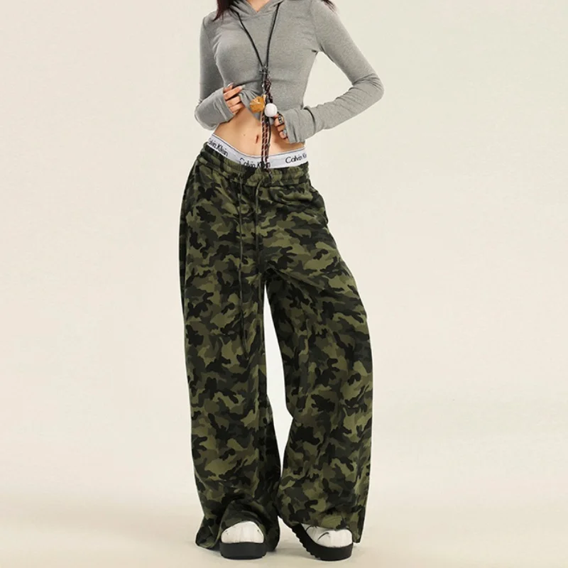 Ropa Y2K para mujer, ropa de calle, pantalones holgados de camuflaje con cintura elástica, pantalones de chándal con cordón, pantalones largos de Hip Hop para mujer 2024