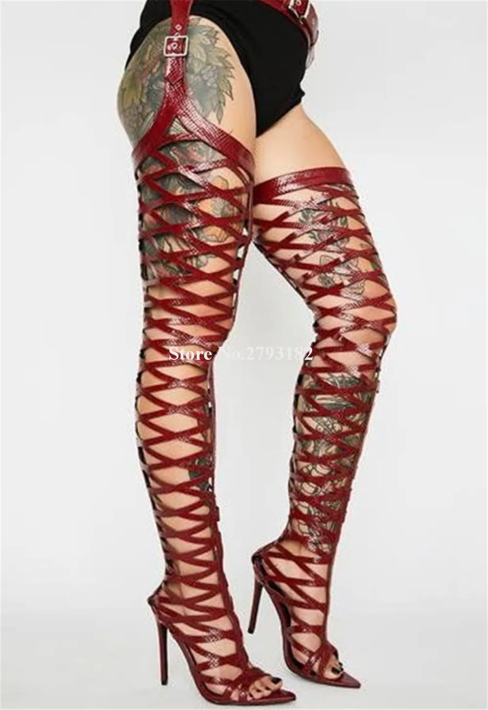 

Sexy Waist High Long Boots Women Newest Pointed Open Toe Wine Red Caged Style Stiletto Heel Waist Belt Gladiator Boots