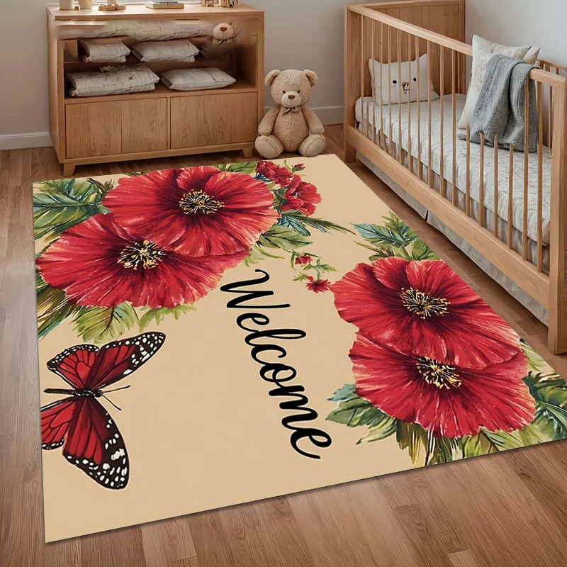 Red Poppy Welcome Rug Non-Slip Carpet for Living Room Bedroom Floral Entry Door Mat Durable Floor Mat Soft Rugs Home Carpets