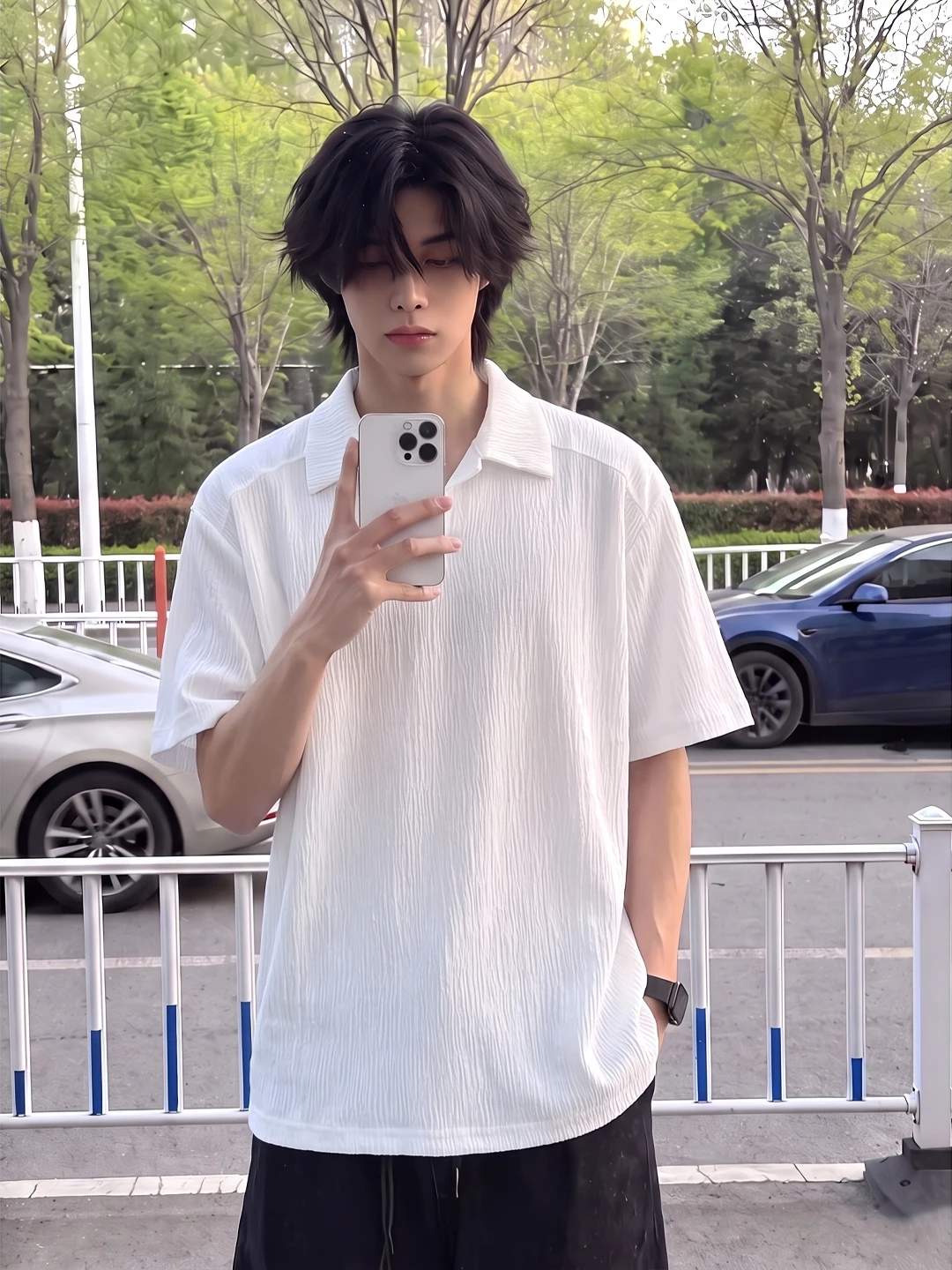 White Texture Ice Silk  Shirt Short Sleeve Men Summer Thin Quick Dry Oystercatcher Collar T Shirt American Style Half Sleeve