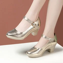 5.5cm 7.5cm Small Size 33 Breathable Cutout Block Heels Shoes Mary Janes 2024 Soft Leather Platform Pumps for Mom Dance Model