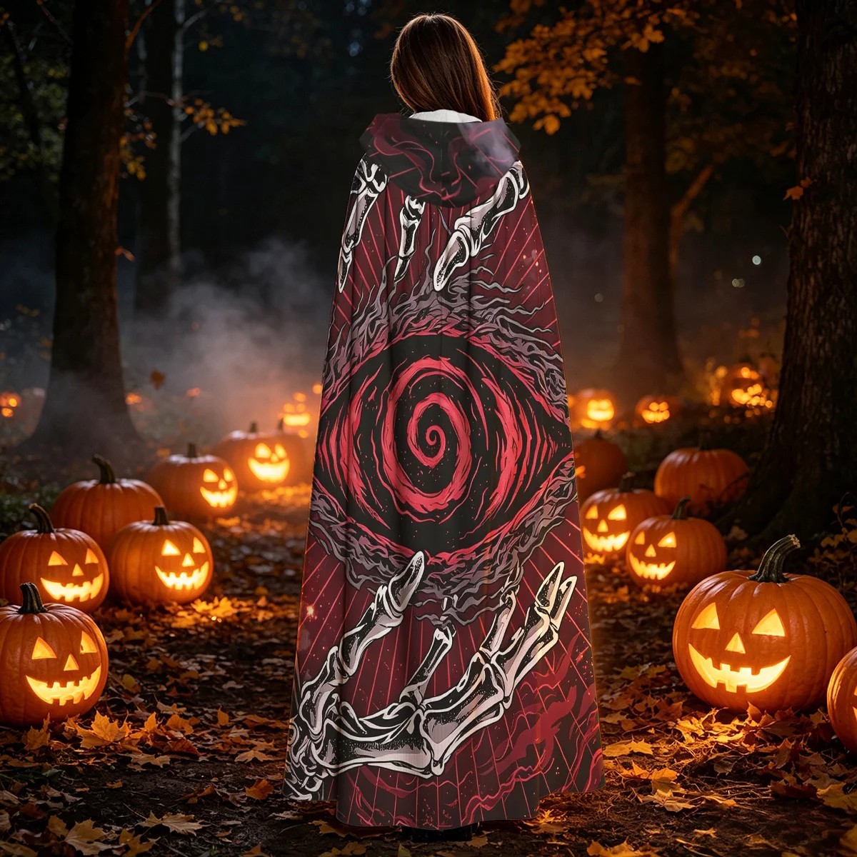1pc Gothic Hooded Cloak Cape with Skeleton Hands & Red Swirl Evil Eye Occult Robe - Dark Wizard Witch Costume