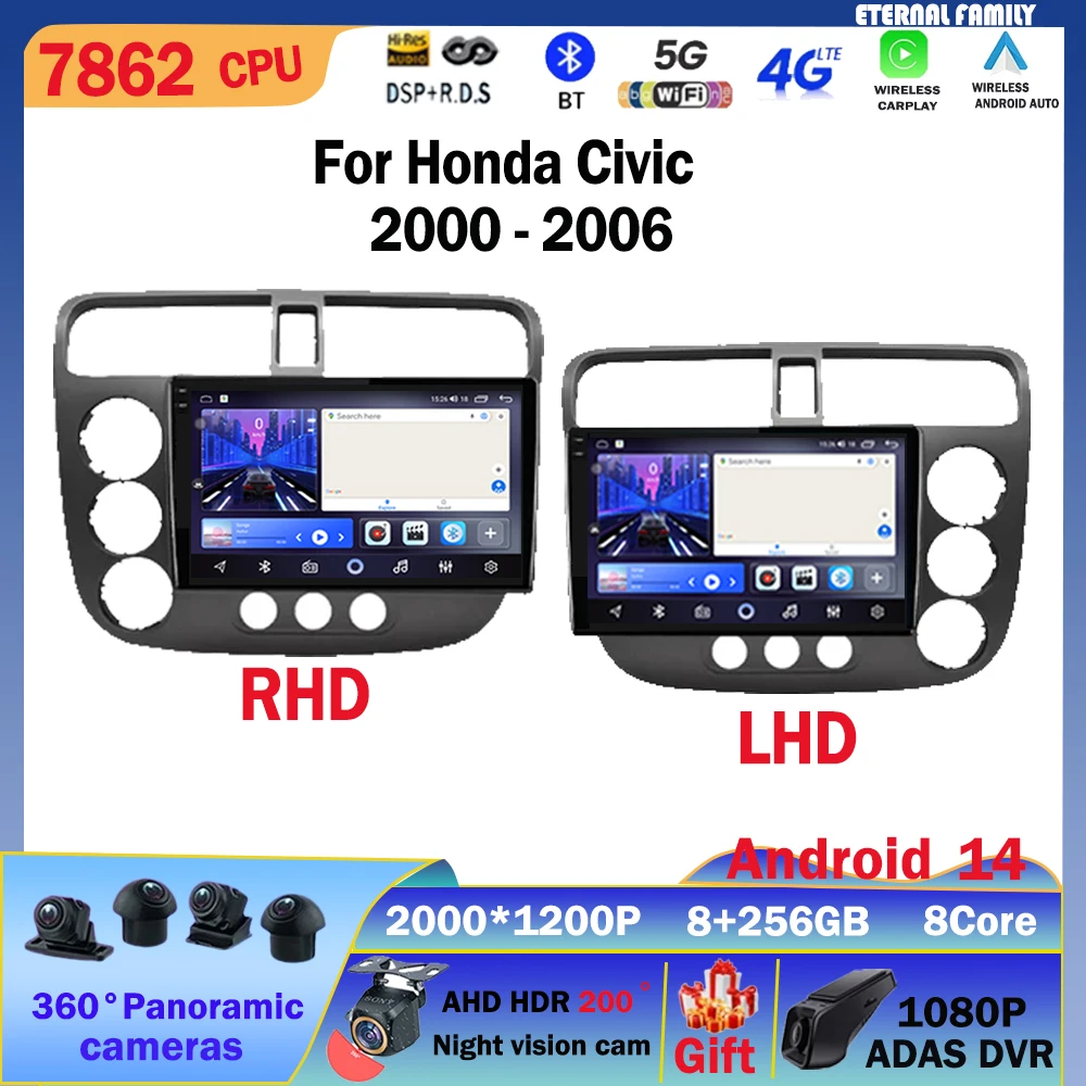 

Carplay Android Auto Car Radio Multimedia Stereo Player GPS Navigation Autoradio For Honda Civic 7 2000 2001 2002 2003 2004-2006