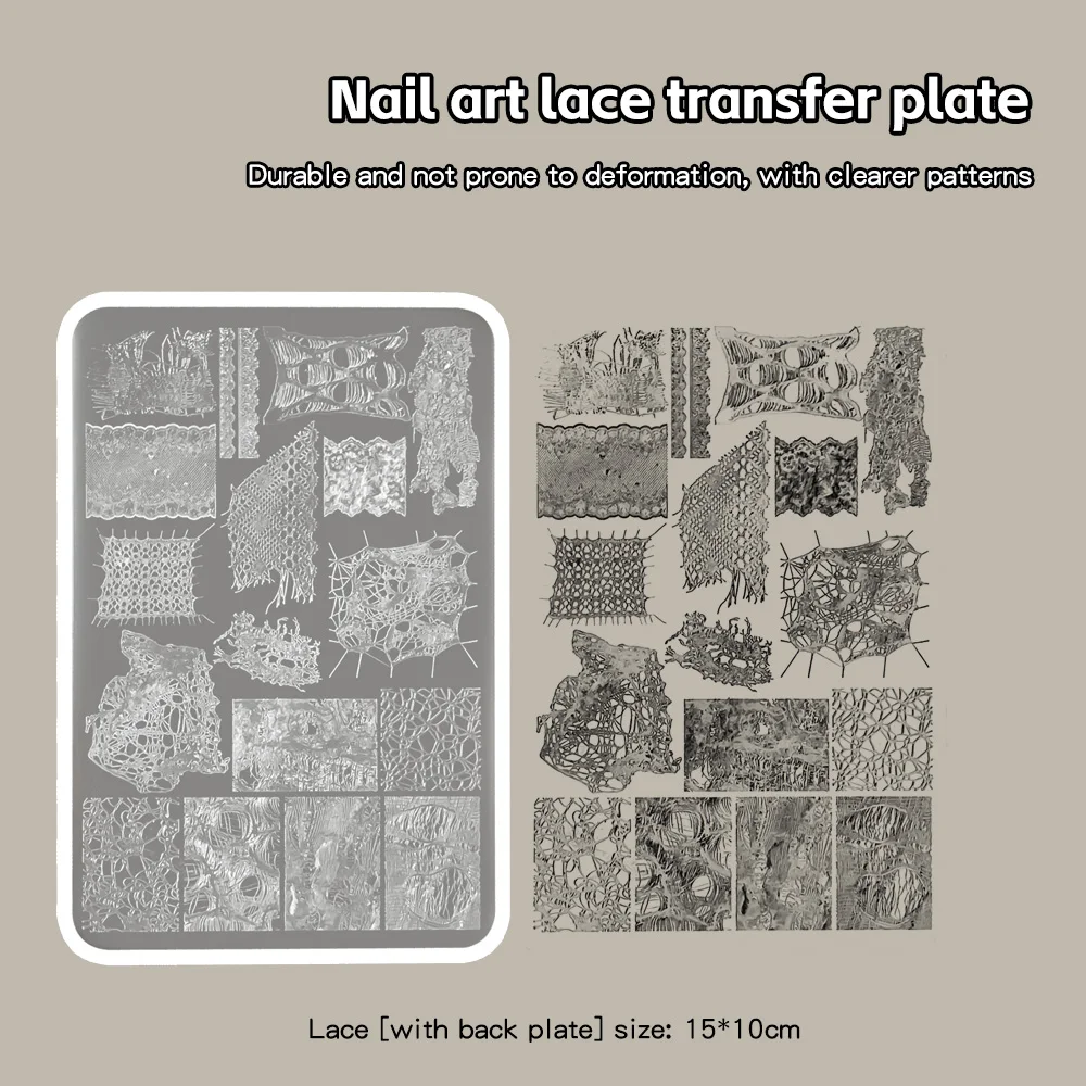 Nagelkunst-Stempelplatte aus Tüll und zerrissener Spitze, Nagelkunst-Bildstempelblatt, zarte Spitze, hochwertiger Spitzenbesatz, Stempelstahl – Detail 9
