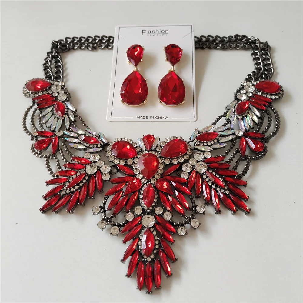 Boho Ethnic Multicolor Acrylic Leaf Choker Necklace Women Indian Statement Large Collar Crystal Necklace Earrings Jewelry Sets view 6
