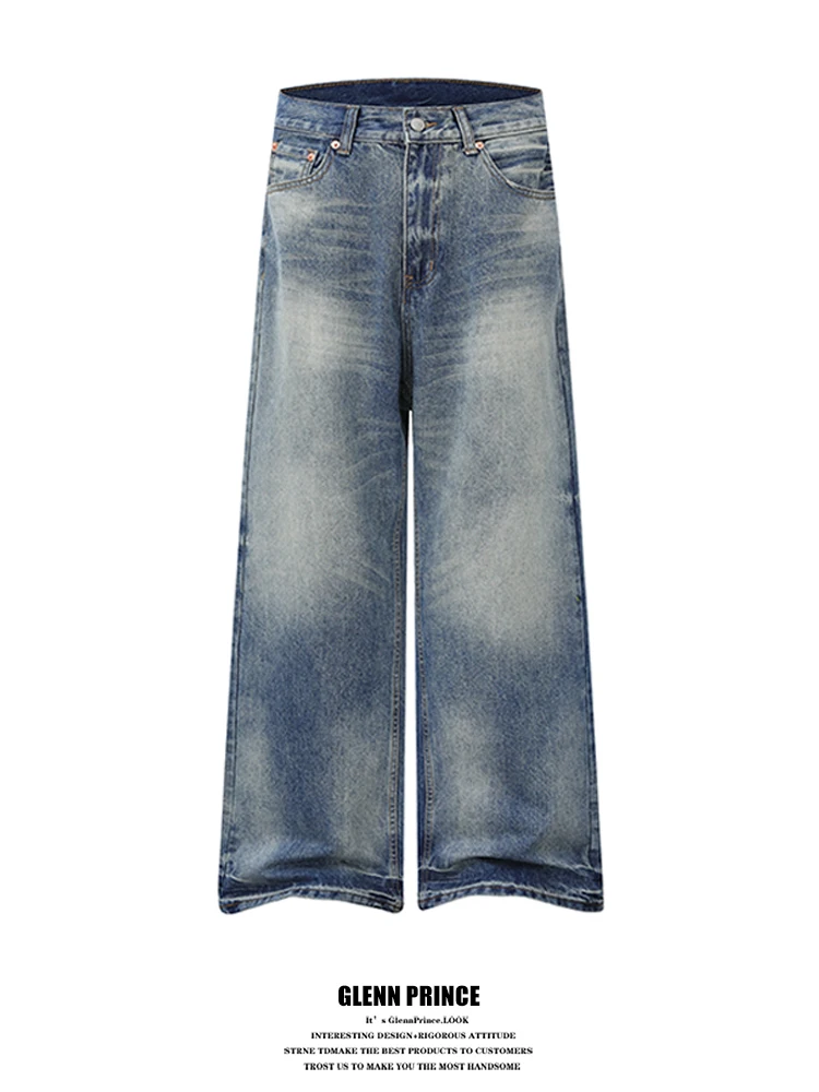

American Retro Waed White Men's Loose Fit Straight Leg Jeans Trendy High Street Casual Cotton Polyester Blend Durable
